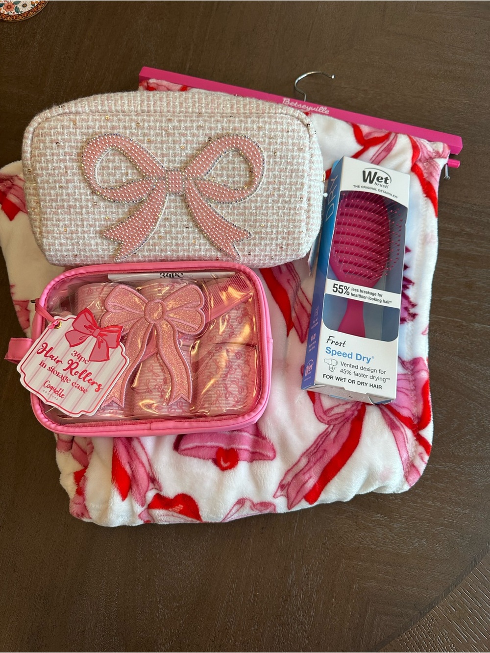 Pink Bow Cosmetic Bag Set, Bow Rollers, Brush and Blanket